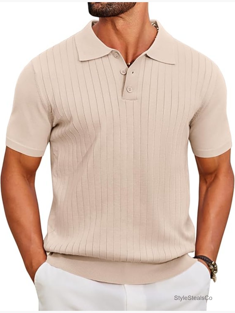 Men's Short Sleeve Ribbed Knit Polo Shirt Lightweight Stretch Golf Casual
